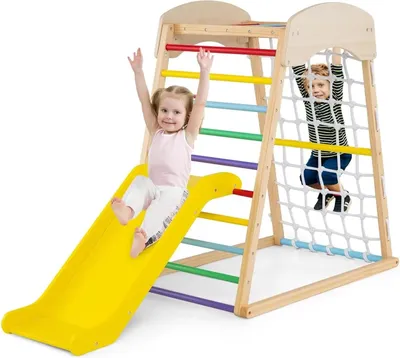 Immagine prodotto di Struttura per arrampicata indoor per bambini - Parco giochi 4 in 1 - Barra per trazioni - Scivolo - Rete da arrampicata - Scala - Legno - Colorato