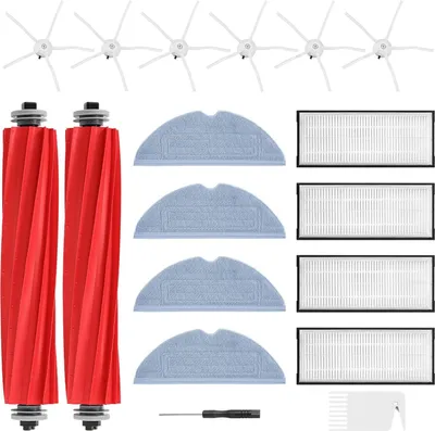 A collection of cleaning accessories for a robot vacuum cleaner, including brushes, filters, and mop pads, laid out on a white background.