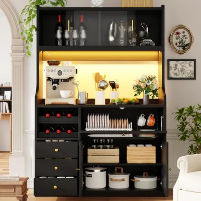 Produktbild von STILVORA Hochküchenschrank mit App-gesteuerter RGB-LED, Küchenschrank mit Glasschiebetüren und Weinregal, Aufbewahrungsschrank mit 3 Schubladen und Klapptüren