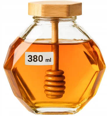 Produktbild von Schraubglas für Honig 380 ml mit Honiglöffel im Bambusdeckel, Honigglas in Diamant-Optik, Vorratsglas für Sirup
