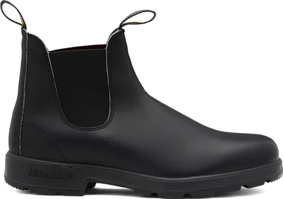 A black Blundstone boot is shown from the side against a white background.