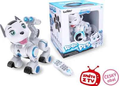A white robotic dog toy with blue accents, its packaging, and a remote control are displayed on a white background.