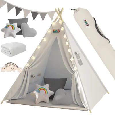 Image de Spielwerk Tipi Enfant Beige avec Coussins & Guirlande Lumineuse