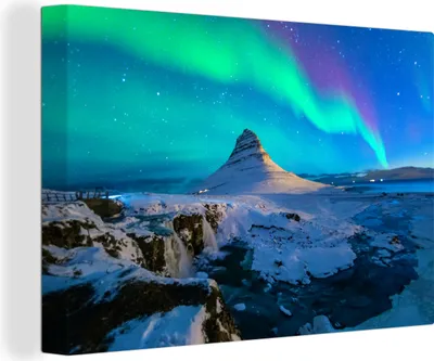 Produktbild von OneMillionCanvasses® - Leinwandbilder - 150x100 cm, Nordlichter über Kirkjufell, Wandbilder Kunstdruck Wanddekoration