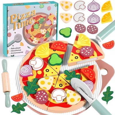 Productafbeelding van Keukenaccessoires voor kinderen: Pizza-set, hout, 27-delig. Houten pizzaspel