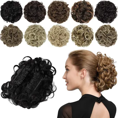 Image de Chignon, pièce de cheveux, bouclé, chignon, élastique pour cheveux, extension de cheveux, synthétique, noir