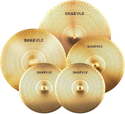 Zdjęcie produktu dla Zestaw talerzy perkusyjnych o niskiej głośności: talerz hi-hat 14", talerze crash 16" i 18", talerz ride 20". Zestaw Golden, 5 elementów