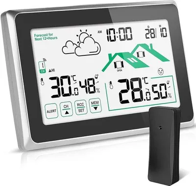 Zdjęcie produktu dla Bezprzewodowa stacja pogodowa z czujnikiem zewnętrznym, prognoza pogody, termometr, wyświetlacz LCD dotykowy, radiobudzik DCF do użytku wewnątrz i na zewnątrz, temperatura