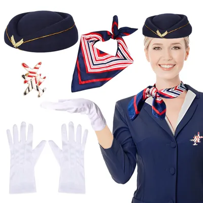 Produktbild von Stewardess Kostüm Zubehör Set, 4-teilig, mit Mütze, Schal, Handschuhen und Broschen, für Karneval