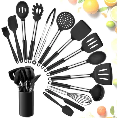 Produktbild von Küchenhelfer Set 15-teilig Silikon Hitzebeständig mit Edelstahlgriff Schwarz