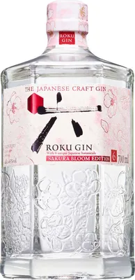 A clear, well-lit studio shot of a bottle of Roku Gin Sakura Bloom Edition.