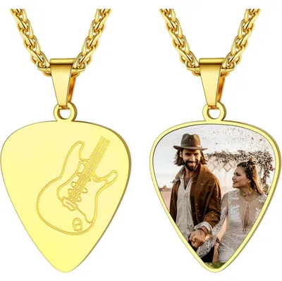 Productafbeelding van Personaliseerbare halsketting met een plectrum voor elektrische gitaar, gemaakt van 316L roestvrij staal, verguld met geelgoud, lengte 55 cm + 5 cm
