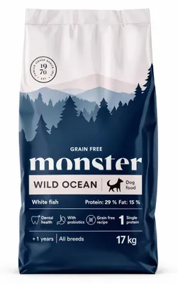 Produktbild von Monster Dog Grain Free Wild Ocean Sensitive 17kg Getreidefreies Trockenfutter für ausgewachsene Hunde mit Weißfisch