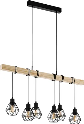 Produktbild von EGLO Pendellampe Townshend 5, 6 flammige Vintage Pendelleuchte im Industrial Design, Hängelampe aus Stahl und Holz, Schwarz, braun, Fassung: E27