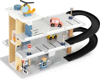 Productafbeelding van Een grote houten garage, een parkeerplaats met een lift, auto's, een helikopter, en een ECOTOYS autowasstraat