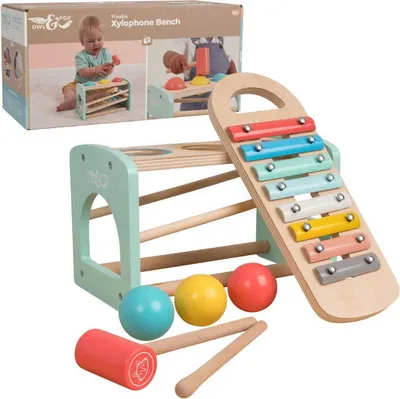 Produktbild von Owl & Fox Holz-Xylophon-Bank mit bunten Kugeln & Hammer – Musikinstrument für Babys & Kleinkinder – Interaktives Spielzeug ab 1 Jahr – Traditionelles