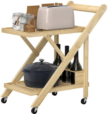 Produktbild von Küchenwagen Servierwagen mit Weinregal, Arbeitsplatte, 2 Ebenen, Rollwagen für Büro, Küche, Wohnzimmer, 66 x 40 x 70 cm, Bambus, Natur Aosom