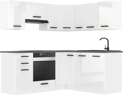 Produktbild von Belini Küchenzeile Küchenblock Küche L-Form SARAH Küchenmöbel mit Griffe, Einbauküche ohne Elektrogeräten mit Hängeschränke und Unterschränke, ohne Arbeitsplatten, Weiß Hochglanz