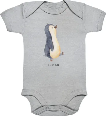 Produktbild von Mr. & Mrs. Panda Strampler Pinguin marschieren 1. - 3. Monat - Heather Grey - Geschenk, Baby, Frühaufsteher, Pinguine, Bruder, babykleidung body, Familie, Kurzarmbody