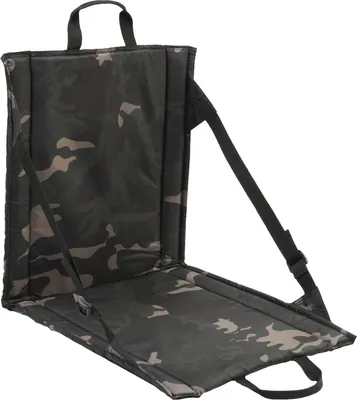 A camouflage patterned folding seat is shown against a white background.