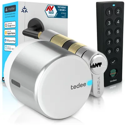 Obrázek produktu pro Tedee GO2 Alu s Keypad PRO a vložkou Gerda EXXO Smart – Chytrý zámek, otisk prstu, bezpečnostní třída 6, bezklíčový vstup, Matter, Apple HomeKit