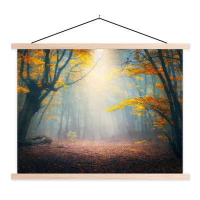 Produktbild von MuchoWow® Textilposter Wald - Nebel - Herbst 120x90 cm mit holzfarbenen Rahmen - Magnetisch