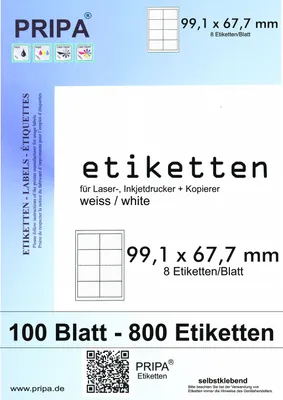 Produktbild von pripa 800 Etiketten auf DIN A4 99,1 x 67,7 mm selbstklebend weiß - Allround Qualität 100 Blatt