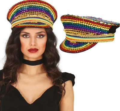 Productafbeelding van Regenboog kapiteinsmuts, versierd met glitter en juwelen, carnavalsaccessoire, geschikt voor carnaval, vastenavond, festivals. Kleur: Meerkleurig