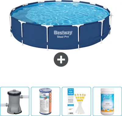 Produktbild von Bestway Round Steel Pro Swimmingpool – 396 x 84 cm – Blau – inklusive Pumpe Filter - Teststreifen - Chlor