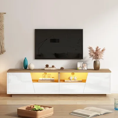 Produktbild von MODFU TV-Schrank Hochglanz Fernsehschrank mit LED, 2 halboffenen Ablagefächern, 2 Schubladen und 2 Schränken, Weiß+Holzfarb-Spleiß