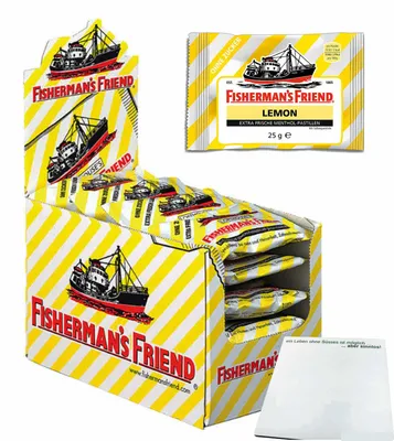 Produktbild von Fisherman's Friend Lemon Extra Frische Menthol-Pastillen (24x25g Beutel) + usy Block