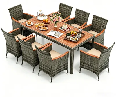 Produktbild von KOMFOTTEU Gartenmöbel Set für 8 Personen, 9 tlg. Sitzgruppe Rattan inkl. 1 Tisch mit 5 cm Schirmloch, Essgruppe mit 8 Essstühle mit Armlehnen, weiche Sitzkissen, Rattanmöbel für Terrasse & Balkon
