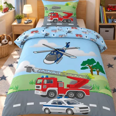 Zdjęcie produktu dla Pościel dla dzieci, motyw: policja i straż pożarna, rozmiar: 135x200 cm, 80x80 cm, zestaw 2-częściowy, wykonana z materiału renforcé, z zamkiem błyskawicznym