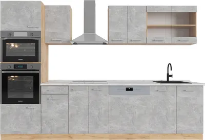Produktbild von Küchenzeile Vicco R-Line Beton/Goldkraft Eiche 300 cm mit Hochschrank, AP Marmor, Model 53879