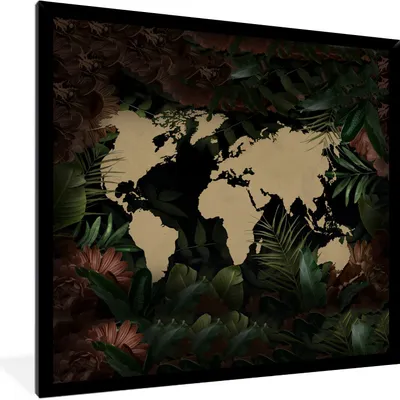 Produktbild von MuchoWow® MuchoWow® Gerahmtes Poster Weltkarte - Blumen - Pflanzen 40x40 cm - Poster mit zchwarzem Bilderrahmen - Mit Rahmen - Wanddekoration Schlafzimmer