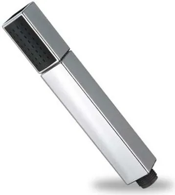A chrome-colored, rectangular shower head with black nozzles is shown against a white background.