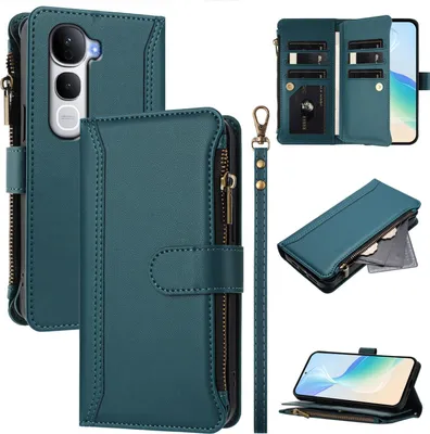 Image de Etui pour Vivo Y400 Pro, zippé, étui portefeuille en cuirPolyuréthaneavec pochettes pour cartes, support et dragonne, vert