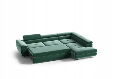 A green sectional sofa with a pull-out bed feature and adjustable headrests, shown against a white background.