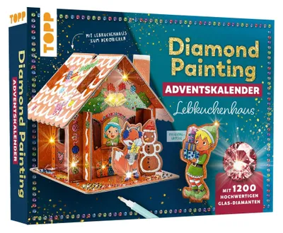 Produktbild von Diamond Painting Adventskalender Lebkuchenhaus. Mit Material und Werkzeug