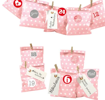 Produktbild von DIY Adventskalender zum Befüllen Bescherung, Papiertueten flach 13x16,5cm, rosa Stern, Ziffern rosa-rot