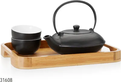 Produktbild von Tee-Set "Yamina" Porzellan, mit Bambustablett, 4-teilig Kanne: 0,45 l, Cup: 0,1 l, Tablett: 30,5 x 23 cm