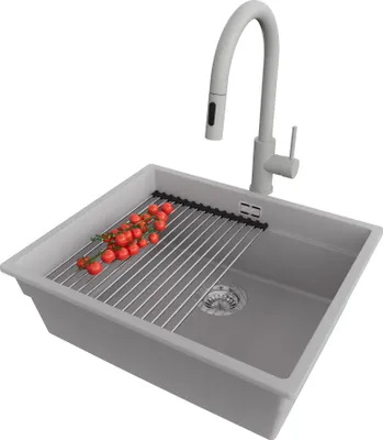 Produktbild von PRIMAGRAN Granitspüle Grau 56x47cm, Spülbecken 1 Becken + Küchenarmatur 40x20cm + Ablauf-Set + Küchenzubehörset, Küchenspüle ab 60er Unterschrank - Praga Slim