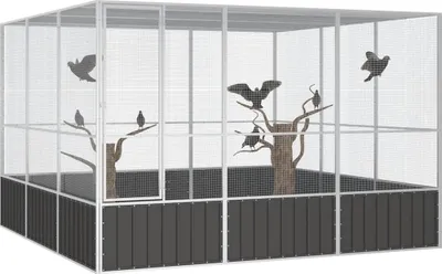 A large bird cage with several birds inside, some perched on branches.