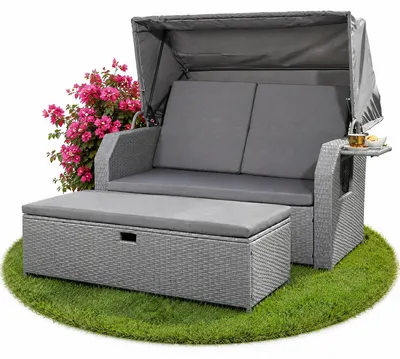 Produktbild von Strandkorb Sonnenbett Polyrattan Grau mit Dach & Kissen
