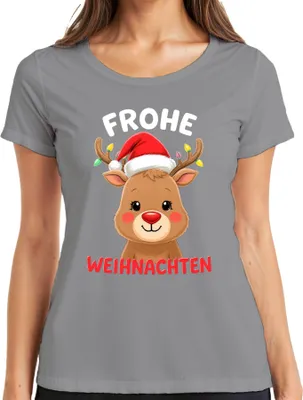 Produktbild von Frohe Weihnachten Weihnachtsgeschenk Rentier niedlich Rudolph Damen T-Shirt, Grau, L