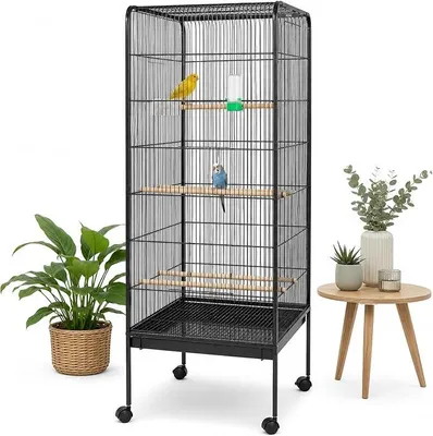 Imagen del producto de Jaula para pájaros grande con estructura de rejilla, bandeja inferior y dimensiones de 146 x 54,5 x 54,5 cm, color gris