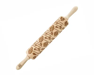 Produktbild von MoodForWood Nudelholz aus Holz, graviert, 43 cm mit Griffen, perfekt zum Backen - Wiesenmuster