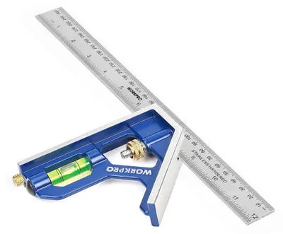 Produktbild von WORKPRO Kombinationswinkel 300mm, Anschlagwinkel Universalwinkel mit Wasserwaage und Anreissnadel, Einstellbar Winkelmesser aus Edelstahl 90/45 Grad Messwerkzeug mit Zinklegierungsgriff