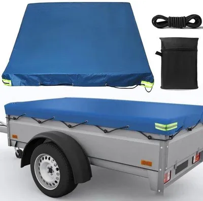 Immagine prodotto di Telo protettivo impermeabile Unyqoos® per rimorchi, dimensioni 210x115x10 cm, colore blu – tessuto Oxford 420D, bordi rinforzati, occhielli di fissaggio, strisce riflettenti