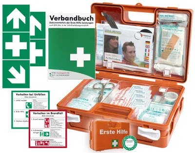 Produktbild von Erste-Hilfe-Koffer BG -Paket 1- für Gewerbe - aktuelle DIN/EN 13 157 - Kleiner Betriebsverbandkasten - incl. Verbandbuch & Aufkleber 1. Hilfe